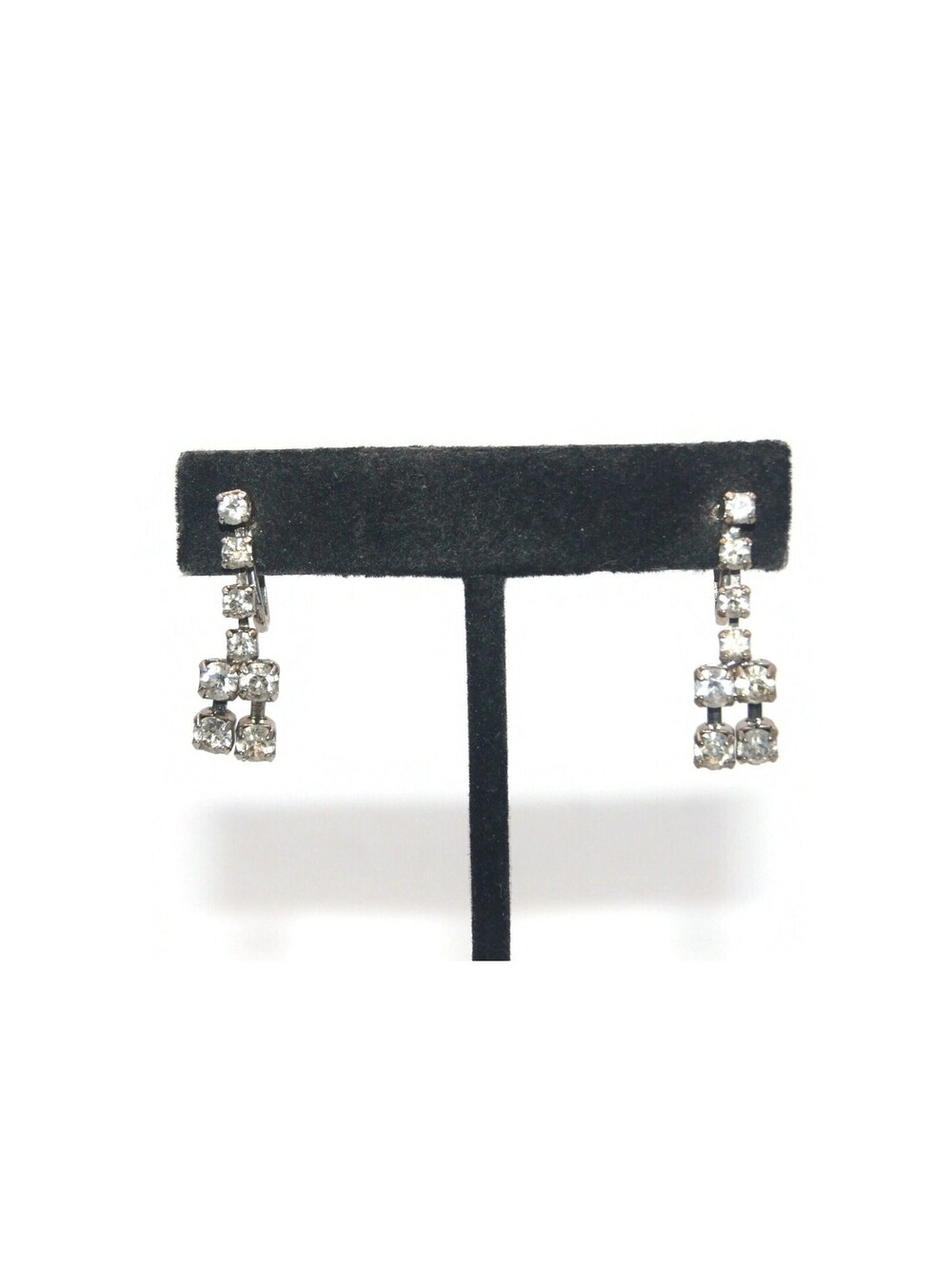 Vintage Art Deco Silver Tone and Clear Rhinestones Screw Back Dangle Earrings.